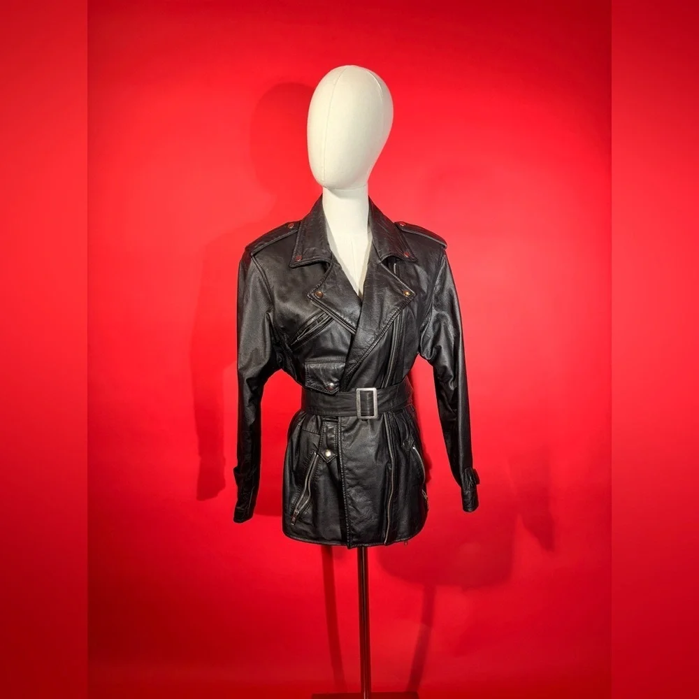 Vintage 1980s Wilson’s Leather Black Leather Oversized Moto Jacket - Picture 4 of 12